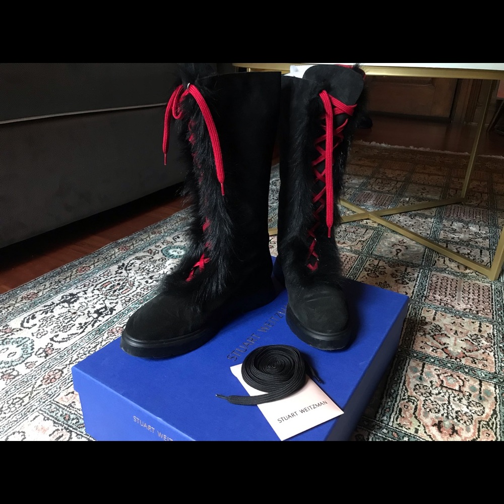 Stuart Weitzman Gwendy Black Suede Fur Boots 7